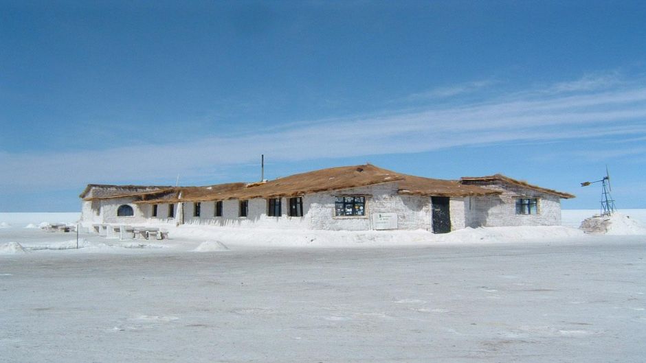 Salar de Uyuni with palace of salt hotel , , 